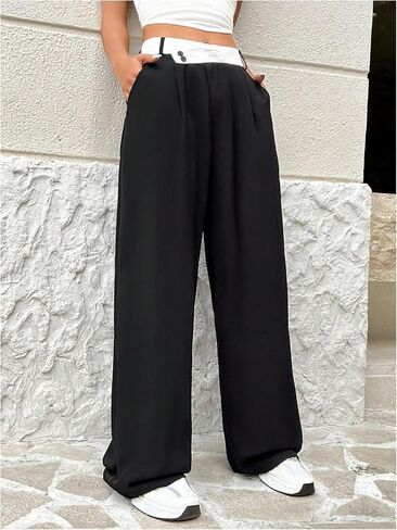 Verdusa Women's Color Block Asymmetrical High Waist Button Trousers Straight Leg Long Pants in Kuwait
