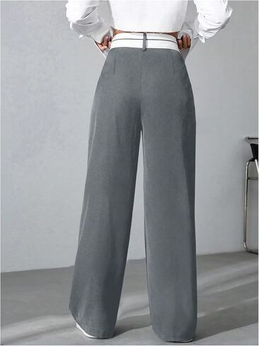 Verdusa Women's Color Block Asymmetrical High Waist Button Trousers Straight Leg Long Pants in Kuwait
