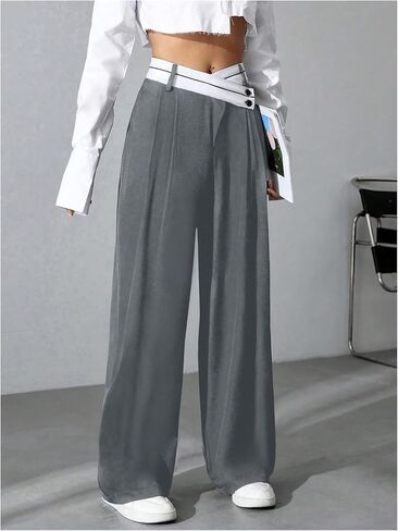 Verdusa Women's Color Block Asymmetrical High Waist Button Trousers Straight Leg Long Pants in Kuwait