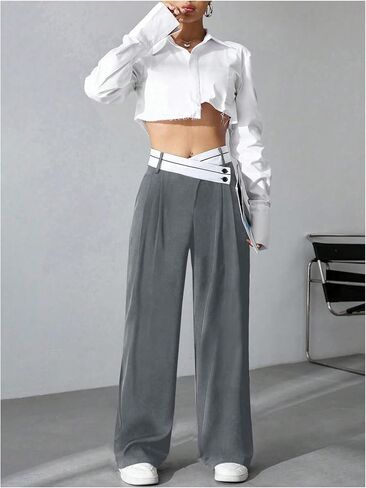 Verdusa Women's Color Block Asymmetrical High Waist Button Trousers Straight Leg Long Pants in Kuwait
