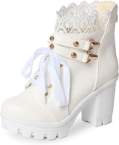 MEOTINA Women Platform Boots Black Chunky Heel Ankle Booties Lace Buckle Combat Boots with Zipper High Heel Goth Shoes in Kuwait