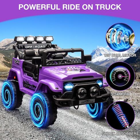 Ride On Truck Car 12V, Electric Vehicle w/Remote Control, 3 Speeds, LED Lights, Music, Spring Suspension, Ride on Car for Kids in Kuwait