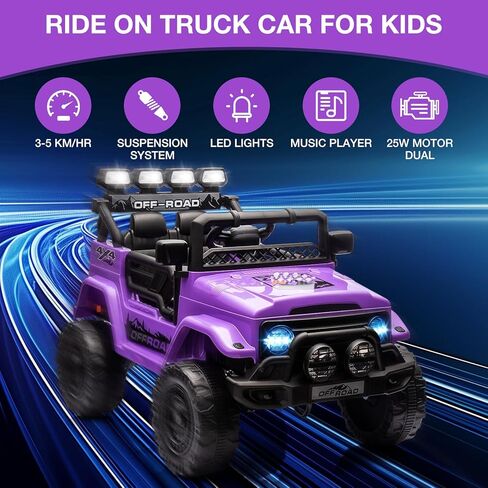 Ride On Truck Car 12V, Electric Vehicle w/Remote Control, 3 Speeds, LED Lights, Music, Spring Suspension, Ride on Car for Kids in Kuwait