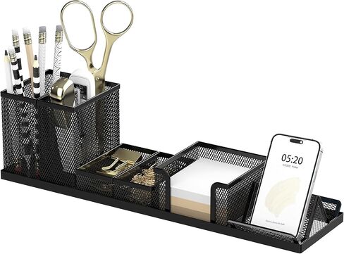 منظمات وإكسسوارات مكتب SUPEASY لتنظيم اللوازم المكتبية مع 6 حجرات، منظم مكتب مع حامل هاتف، حامل أقلام، صينية ملاحظات لاصقة، أسود in Kuwait