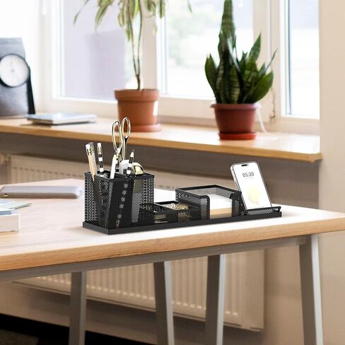 منظمات وإكسسوارات مكتب SUPEASY لتنظيم اللوازم المكتبية مع 6 حجرات، منظم مكتب مع حامل هاتف، حامل أقلام، صينية ملاحظات لاصقة، أسود in Kuwait