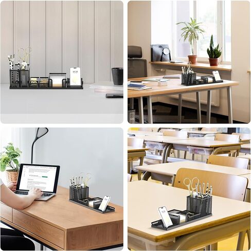 منظمات وإكسسوارات مكتب SUPEASY لتنظيم اللوازم المكتبية مع 6 حجرات، منظم مكتب مع حامل هاتف، حامل أقلام، صينية ملاحظات لاصقة، أسود in Kuwait