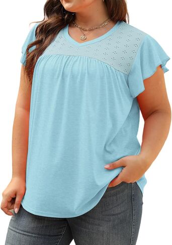 VISLILY Plus-Size-Womens-Tops-Summer V-Neck T Shirts Ruffle Cap Sleeve Blouses Pleated Tunics Casual Eyelet Tee in Saudi Arabia