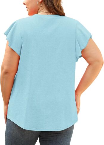 VISLILY Plus-Size-Womens-Tops-Summer V-Neck T Shirts Ruffle Cap Sleeve Blouses Pleated Tunics Casual Eyelet Tee in Saudi Arabia