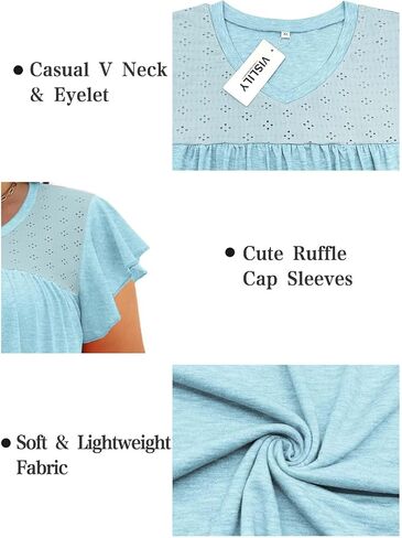 VISLILY Plus-Size-Womens-Tops-Summer V-Neck T Shirts Ruffle Cap Sleeve Blouses Pleated Tunics Casual Eyelet Tee in Saudi Arabia