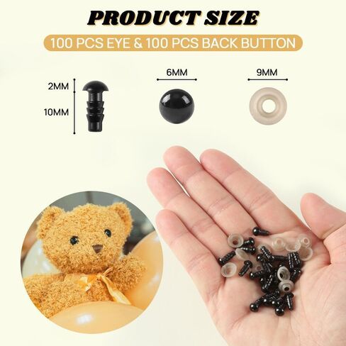 KAKULO 100 PCS 8mm Safety Eyes Black Plastic Crafts Eyes with Washers for Stuffed Animals Amigurumis Crochet Bears Doll Making in Kuwait