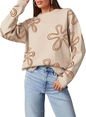 Dokotoo Sweaters for Women Casual Crewneck Long Sleeve Floral Print Cable Knit Pullover Sweater Tops in Saudi Arabia