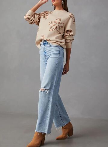Dokotoo Sweaters for Women Casual Crewneck Long Sleeve Floral Print Cable Knit Pullover Sweater Tops in Saudi Arabia