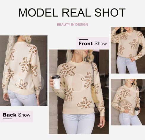 Dokotoo Sweaters for Women Casual Crewneck Long Sleeve Floral Print Cable Knit Pullover Sweater Tops in Saudi Arabia