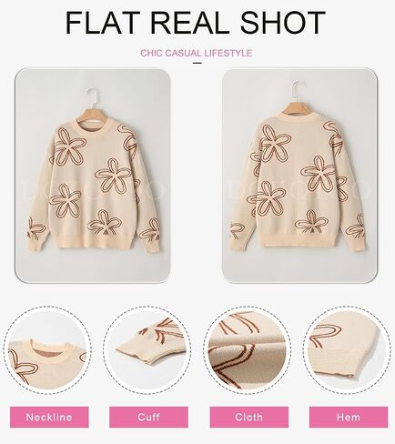 Dokotoo Sweaters for Women Casual Crewneck Long Sleeve Floral Print Cable Knit Pullover Sweater Tops in Saudi Arabia