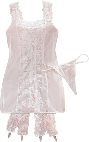 Women's Lace Up Backless Lace Sheer Mesh Babydoll Lingerie Nightgown with Thongs and Fishnet Stockings in Saudi Arabia