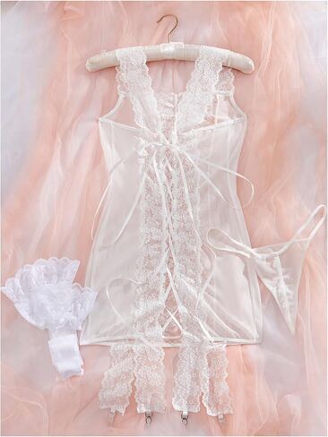 Women's Lace Up Backless Lace Sheer Mesh Babydoll Lingerie Nightgown with Thongs and Fishnet Stockings in Saudi Arabia