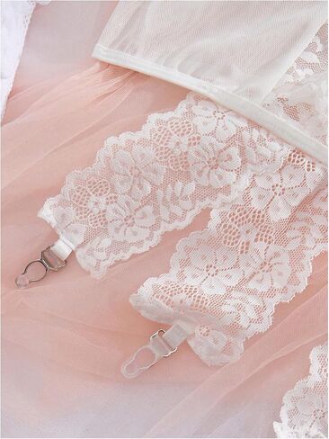 Women's Lace Up Backless Lace Sheer Mesh Babydoll Lingerie Nightgown with Thongs and Fishnet Stockings in Saudi Arabia
