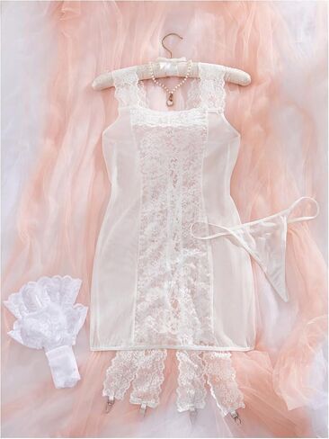 Women's Lace Up Backless Lace Sheer Mesh Babydoll Lingerie Nightgown with Thongs and Fishnet Stockings in Saudi Arabia