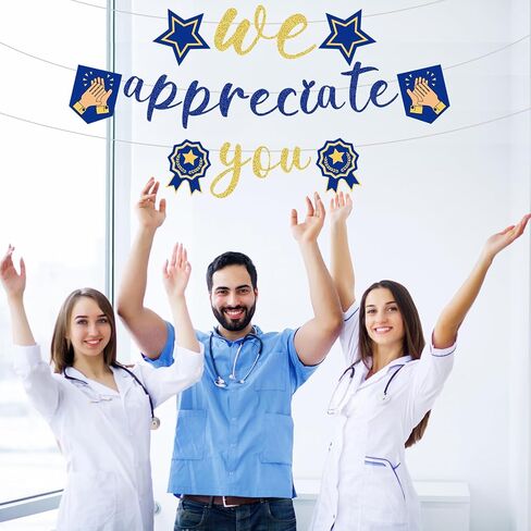 We Appreciate You Banner, Glitter Thank You Banner Appreciation Banner Employee Appreciation Decorations for Staff Nurse Doctor Teacher Thank You Party Office Decor (Gold, Blue) in Saudi Arabia