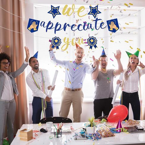 We Appreciate You Banner, Glitter Thank You Banner Appreciation Banner Employee Appreciation Decorations for Staff Nurse Doctor Teacher Thank You Party Office Decor (Gold, Blue) in Saudi Arabia