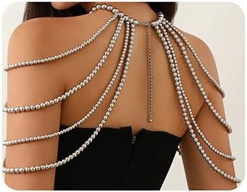 Xerling فو اللؤلؤ الكتف تسخير الجسم سلسلة هامش شرابات الصدرية سلسلة الجسم مجوهرات الزفاف سلسلة الذراع للنساء الفتيات بيكيني الجسم شرابة (الفضة) in Kuwait