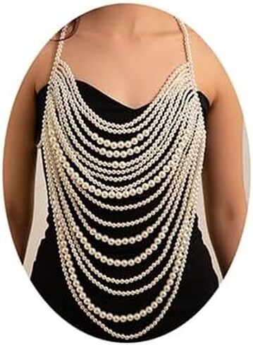 Xerling اللؤلؤ الصناعي شرابة الصدرية سلسلة الجسم متعددة الطبقات عارية الذراعين سلسلة الصدر هامش الرسن العلوي مجوهرات الجسم بيكيني اكسسوارات الجسم للنساء الفتيات الطرف (أبيض) in Kuwait