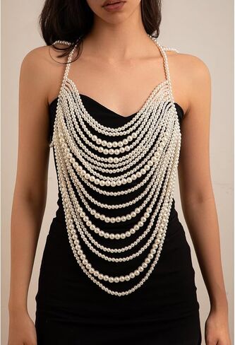 Xerling اللؤلؤ الصناعي شرابة الصدرية سلسلة الجسم متعددة الطبقات عارية الذراعين سلسلة الصدر هامش الرسن العلوي مجوهرات الجسم بيكيني اكسسوارات الجسم للنساء الفتيات الطرف (أبيض) in Kuwait