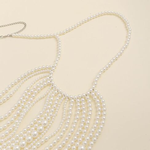 Xerling اللؤلؤ الصناعي شرابة الصدرية سلسلة الجسم متعددة الطبقات عارية الذراعين سلسلة الصدر هامش الرسن العلوي مجوهرات الجسم بيكيني اكسسوارات الجسم للنساء الفتيات الطرف (أبيض) in Kuwait