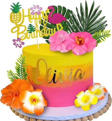 13 PCS Hawaiian Flower Cake Toppers Summer Cake Decoration with Palm Leaves and Hibiscus Flower for Hawaiian Aloha Flamingo Themed Party Supplies (Type 2) in Saudi Arabia