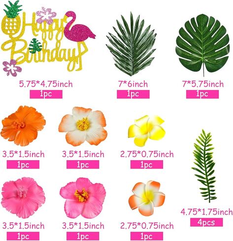 13 PCS Hawaiian Flower Cake Toppers Summer Cake Decoration with Palm Leaves and Hibiscus Flower for Hawaiian Aloha Flamingo Themed Party Supplies (Type 2) in Saudi Arabia