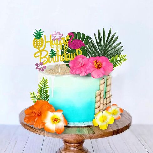 13 PCS Hawaiian Flower Cake Toppers Summer Cake Decoration with Palm Leaves and Hibiscus Flower for Hawaiian Aloha Flamingo Themed Party Supplies (Type 2) in Saudi Arabia
