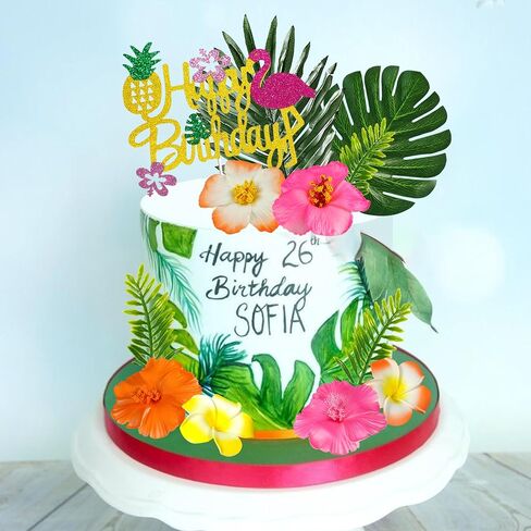 13 PCS Hawaiian Flower Cake Toppers Summer Cake Decoration with Palm Leaves and Hibiscus Flower for Hawaiian Aloha Flamingo Themed Party Supplies (Type 2) in Saudi Arabia