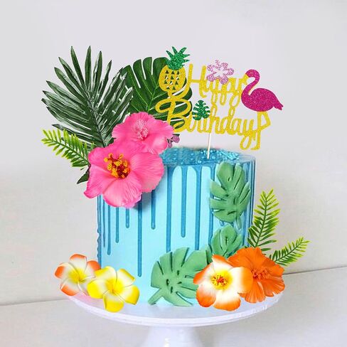 13 PCS Hawaiian Flower Cake Toppers Summer Cake Decoration with Palm Leaves and Hibiscus Flower for Hawaiian Aloha Flamingo Themed Party Supplies (Type 2) in Saudi Arabia