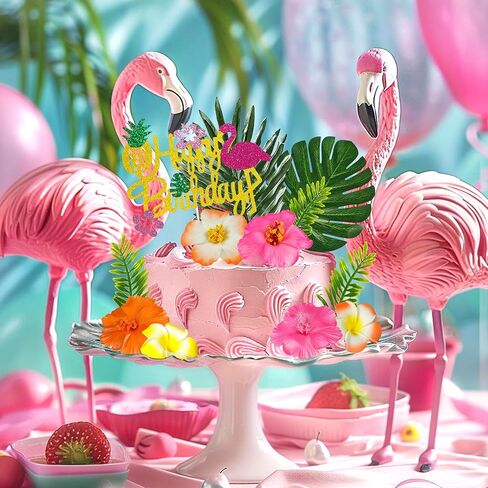13 PCS Hawaiian Flower Cake Toppers Summer Cake Decoration with Palm Leaves and Hibiscus Flower for Hawaiian Aloha Flamingo Themed Party Supplies (Type 2) in Saudi Arabia