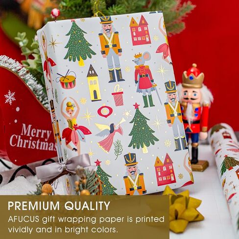 Afucus Christmas Wrapping Paper, Mini Roll, Christmas Tree, Gold Foil Nutcracker Gift Wrapping Paper Roll for Christmas, Party, Birthday, Holiday (17 Inch X 33 Feet) in Saudi Arabia