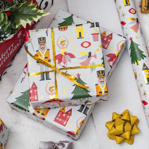 Afucus Christmas Wrapping Paper, Mini Roll, Christmas Tree, Gold Foil Nutcracker Gift Wrapping Paper Roll for Christmas, Party, Birthday, Holiday (17 Inch X 33 Feet) in Saudi Arabia