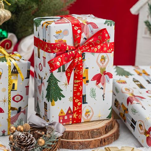 Afucus Christmas Wrapping Paper, Mini Roll, Christmas Tree, Gold Foil Nutcracker Gift Wrapping Paper Roll for Christmas, Party, Birthday, Holiday (17 Inch X 33 Feet) in Saudi Arabia