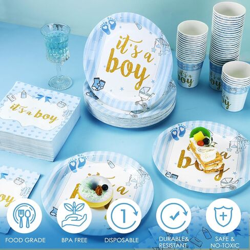 Hushee 200 Pcs Blue Bear Baby Shower Paper Plates Napkins Cups Baby Shower Party Supplies Tableware Set Bear Theme Disposable Cup Napkin for 50 Guest Boy Sets Spring Party Decoration Boy Girl in Kuwait