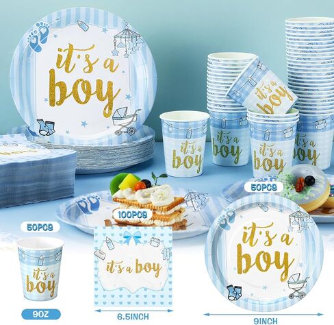 Hushee 200 Pcs Blue Bear Baby Shower Paper Plates Napkins Cups Baby Shower Party Supplies Tableware Set Bear Theme Disposable Cup Napkin for 50 Guest Boy Sets Spring Party Decoration Boy Girl in Kuwait