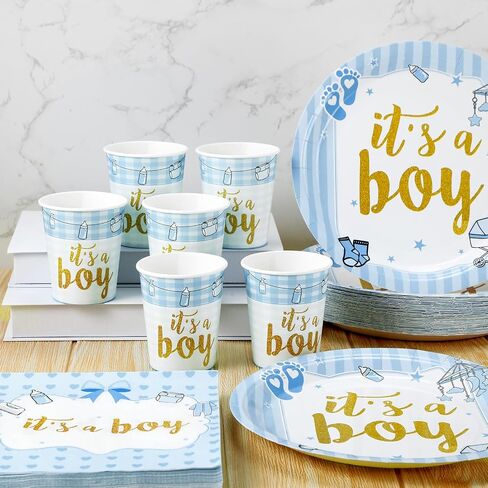 Hushee 200 Pcs Blue Bear Baby Shower Paper Plates Napkins Cups Baby Shower Party Supplies Tableware Set Bear Theme Disposable Cup Napkin for 50 Guest Boy Sets Spring Party Decoration Boy Girl in Kuwait