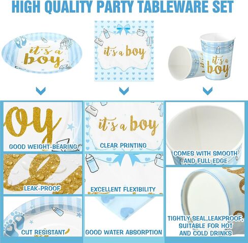 Hushee 200 Pcs Blue Bear Baby Shower Paper Plates Napkins Cups Baby Shower Party Supplies Tableware Set Bear Theme Disposable Cup Napkin for 50 Guest Boy Sets Spring Party Decoration Boy Girl in Kuwait