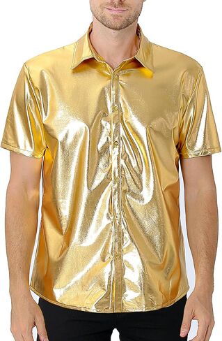 Funny World Mens 70s Disco Outfits Metallic Short Sleeve Sparkling Button up Sequin Shirts, Silver in Kuwait