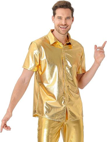 Funny World Mens 70s Disco Outfits Metallic Short Sleeve Sparkling Button up Sequin Shirts, Silver in Kuwait