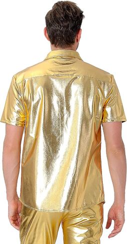 Funny World Mens 70s Disco Outfits Metallic Short Sleeve Sparkling Button up Sequin Shirts, Silver in Kuwait