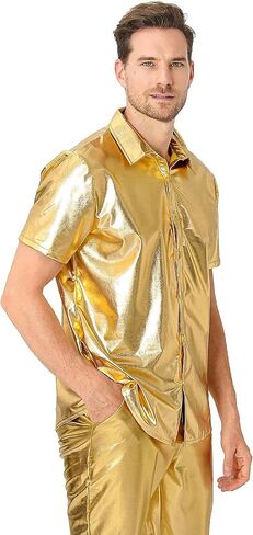 Funny World Mens 70s Disco Outfits Metallic Short Sleeve Sparkling Button up Sequin Shirts, Silver in Kuwait