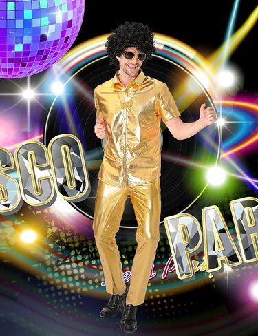 Funny World Mens 70s Disco Outfits Metallic Short Sleeve Sparkling Button up Sequin Shirts, Silver in Kuwait