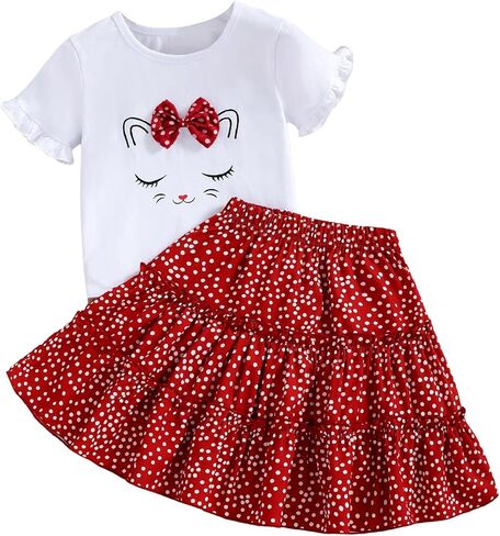 OYOANGLE Girl's 2 Pieces Outfits Graphic Print Short Sleeve Round Neck Bow Tee Shirt and Polka Dots Skirt Set in Saudi Arabia