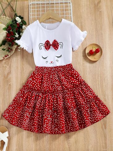 OYOANGLE Girl's 2 Pieces Outfits Graphic Print Short Sleeve Round Neck Bow Tee Shirt and Polka Dots Skirt Set in Saudi Arabia