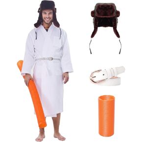 4pcs Men Christmas Cousin Costume Robe Belt Role Play Trapper Hat Orange Hose for Halloween Cosplay Party Vacation