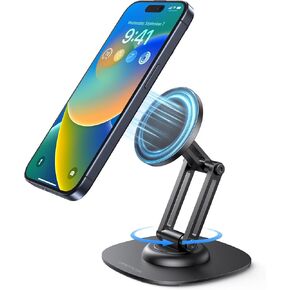 OMOTON 360°Rotating Magnetic Phone Stand for Desk, Adjustable Foldable Aluminum for MagSafe Phone Stand, Non-Slip Base Cell Phone Holder for iPhone 16/15/14/13/12 Pro Max/MagSafe Case- Black